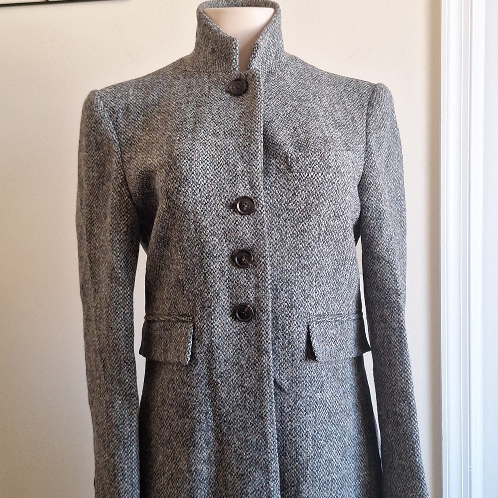 Vintage Harris Tweed Longline Trench Coat Gray Herringbone Handwoven Wool Size M - Picture 9 of 13